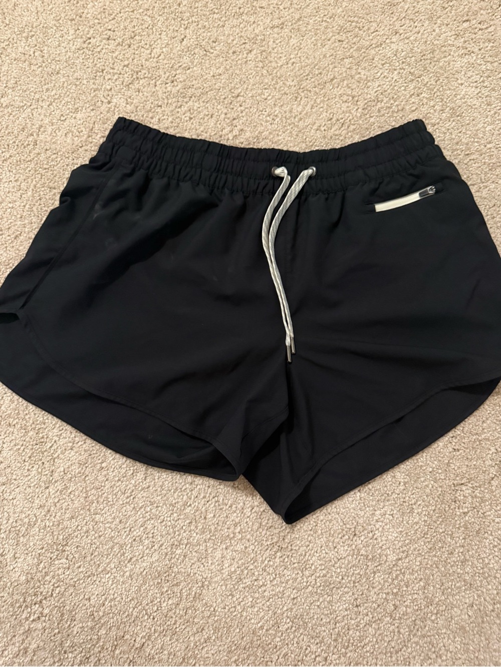 Vuori Black Athletic Drawstring Shorts with White Zip Accent